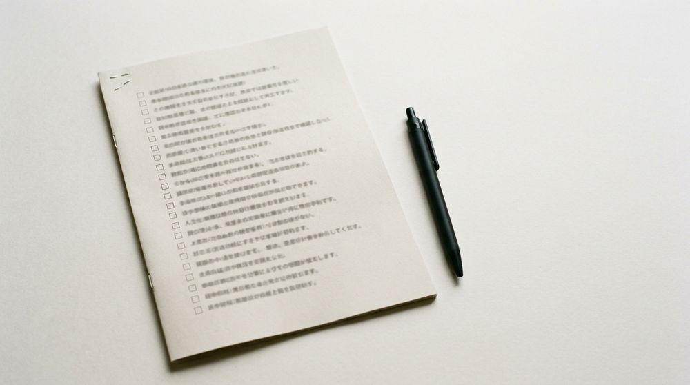 チェック欄のついた印刷資料と、そばに置かれたペン