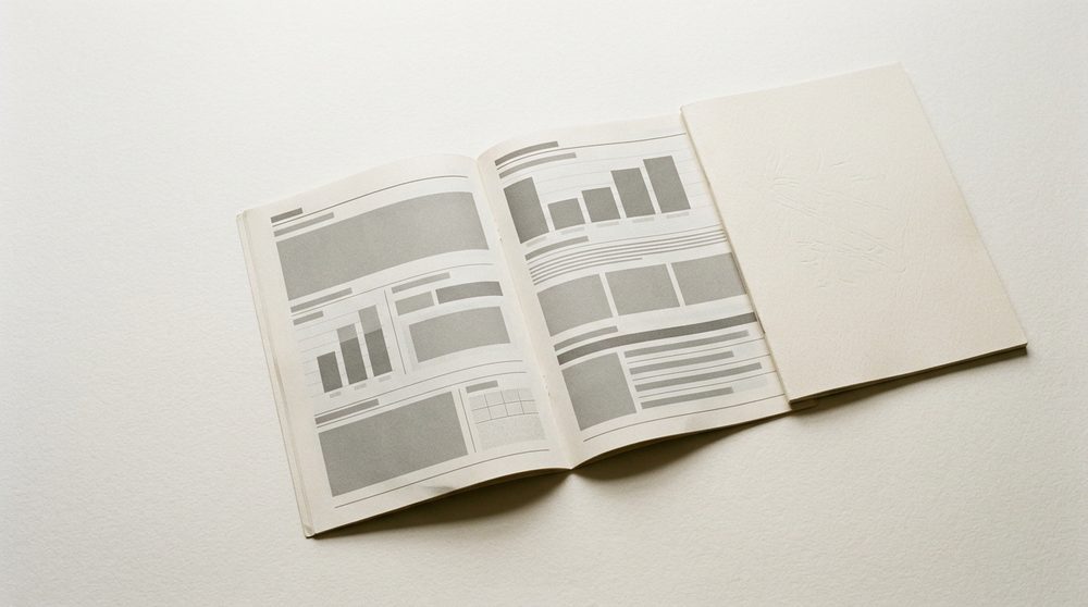 会社案内の冊子。表紙と、中面の見開き