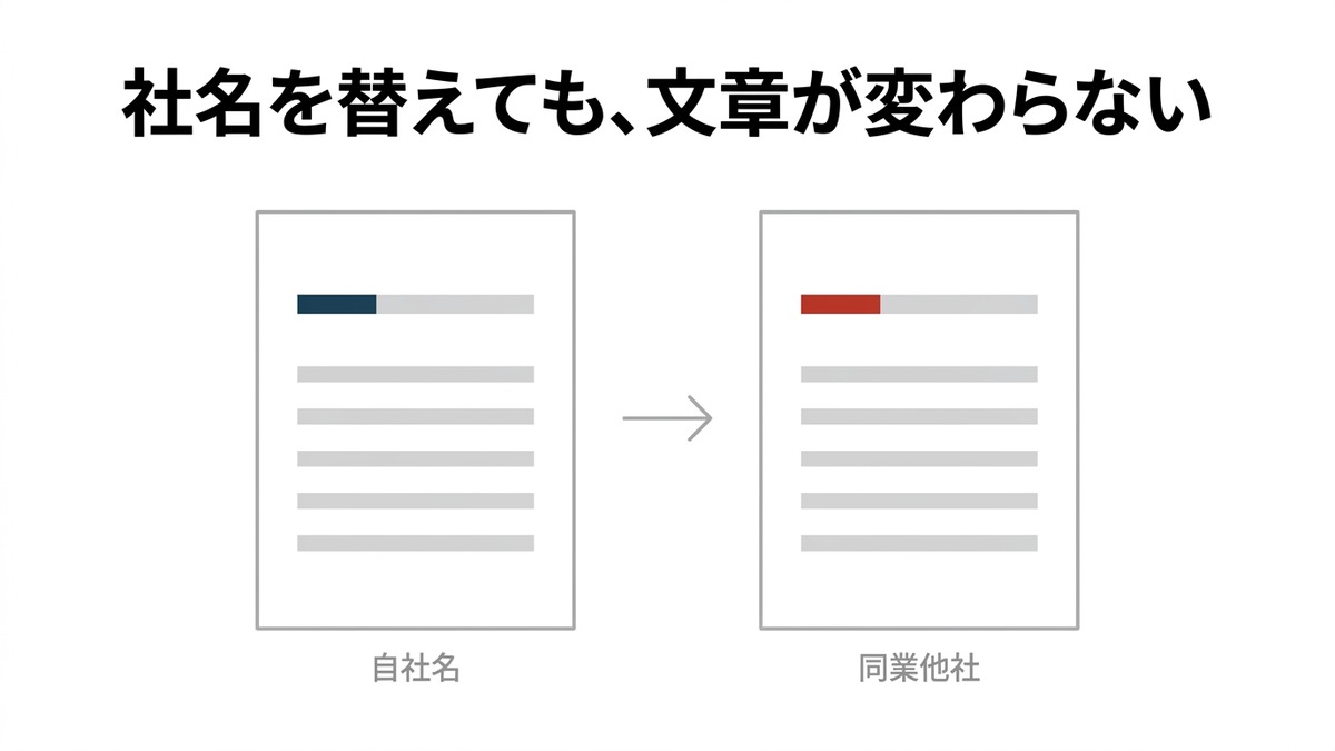 同じ形の書類を2枚並べ、1行目の先頭にある社名の帯だけが色違いになっている図。ほかの行はまったく同じで、社名を替えても文章が変わらないことを示している