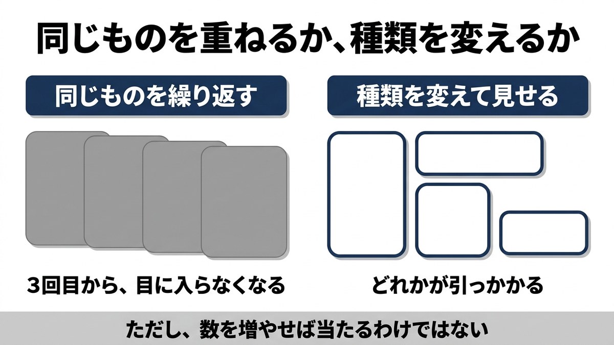 同じ人への接触を、種類を変えて重ねた場合と同じものを繰り返した場合で並べた図