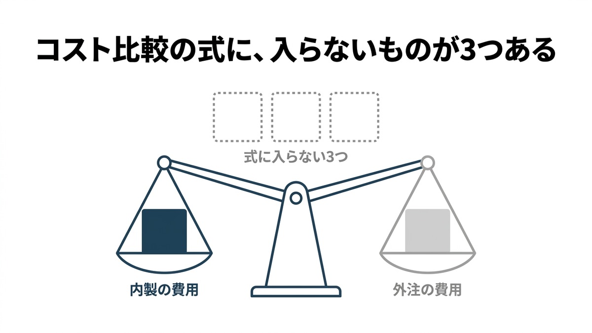 内製の費用と外注の費用を天秤で比べている図。天秤の上には、式に入らない3つが点線の枠で浮いている