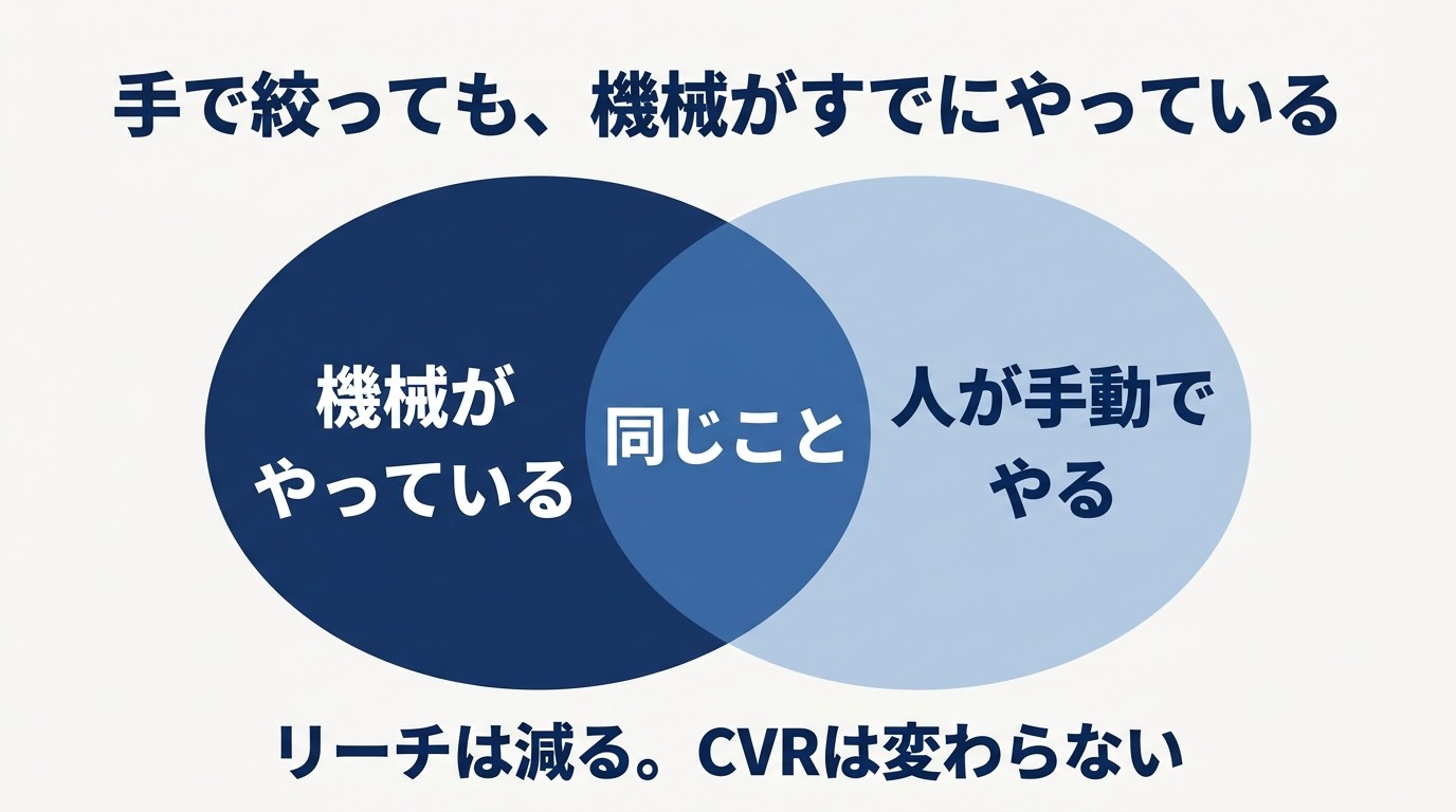 機械がやっていることと、人が手動でやることが重なっていることを2つの円で示した図。重なった部分は「同じこと」。手で絞ってもリーチが減るだけで、コンバージョン率は変わらない